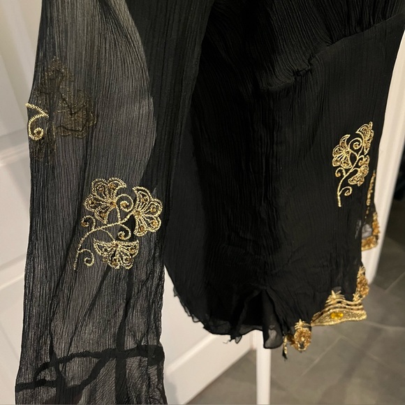 Silkland 100% Silk Black Long Ruffle Sleeve VTG Y2K Blouse Gold Beading, Size L - Picture 10 of 10